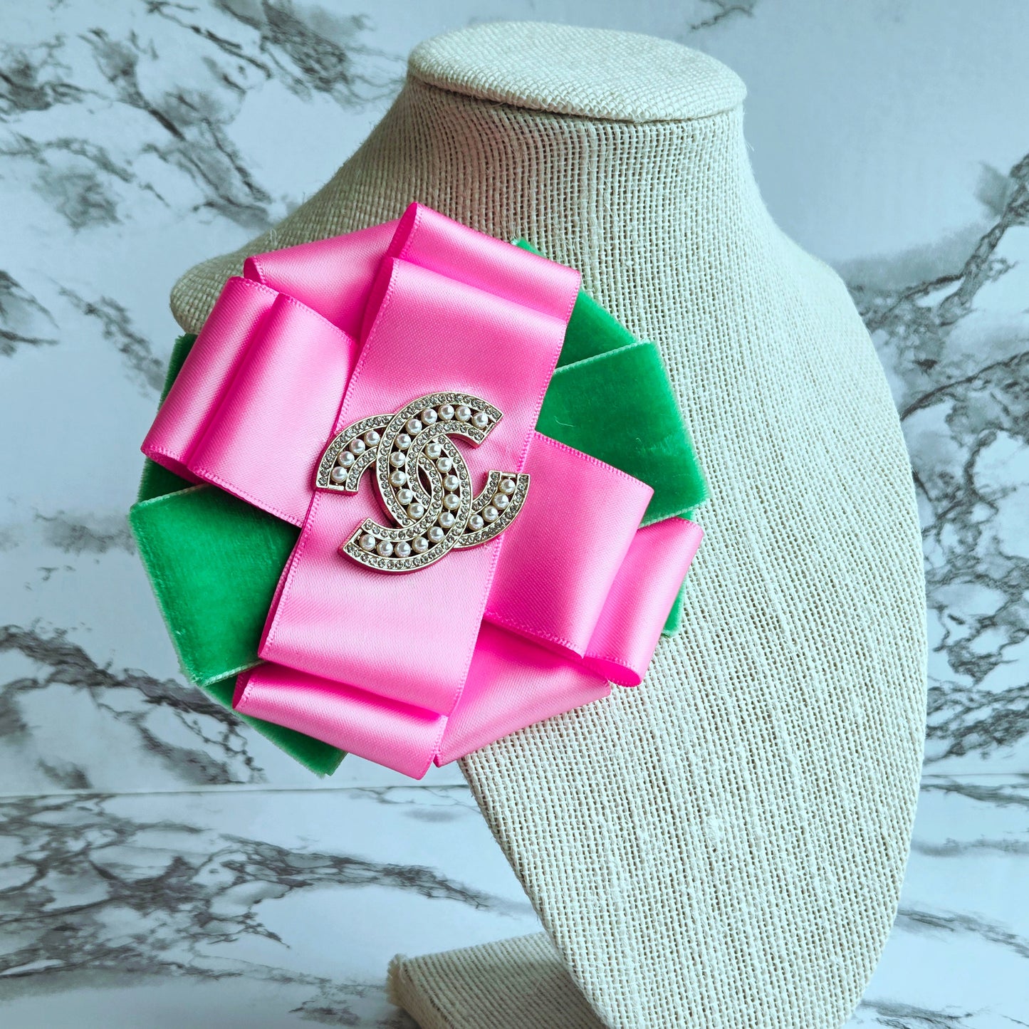 PINK AND GREEN VELVET AND SATIN FLOWER BROOCH - CC