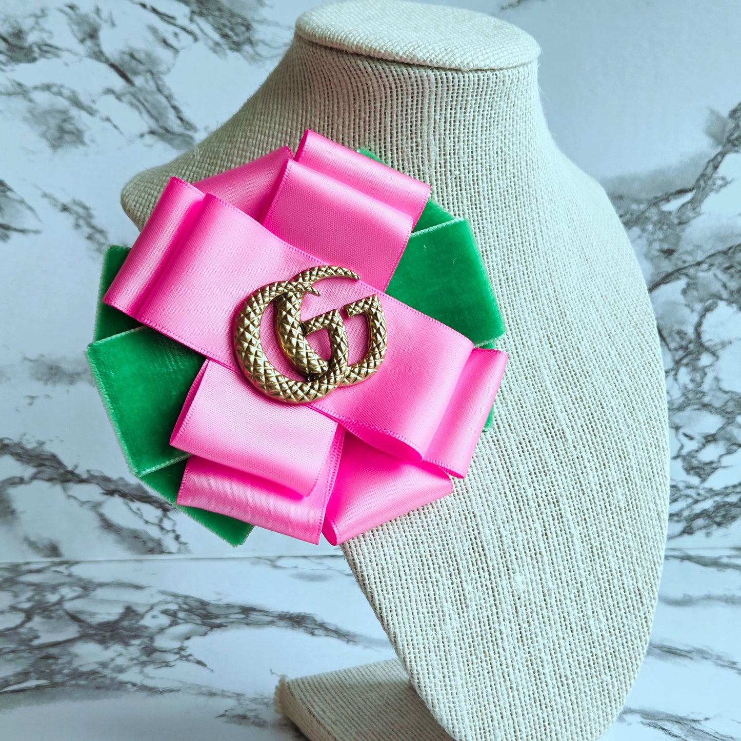 PINK AND GREEN VELVET AND SATIN RIBBON FLOWER BROOCH - GG