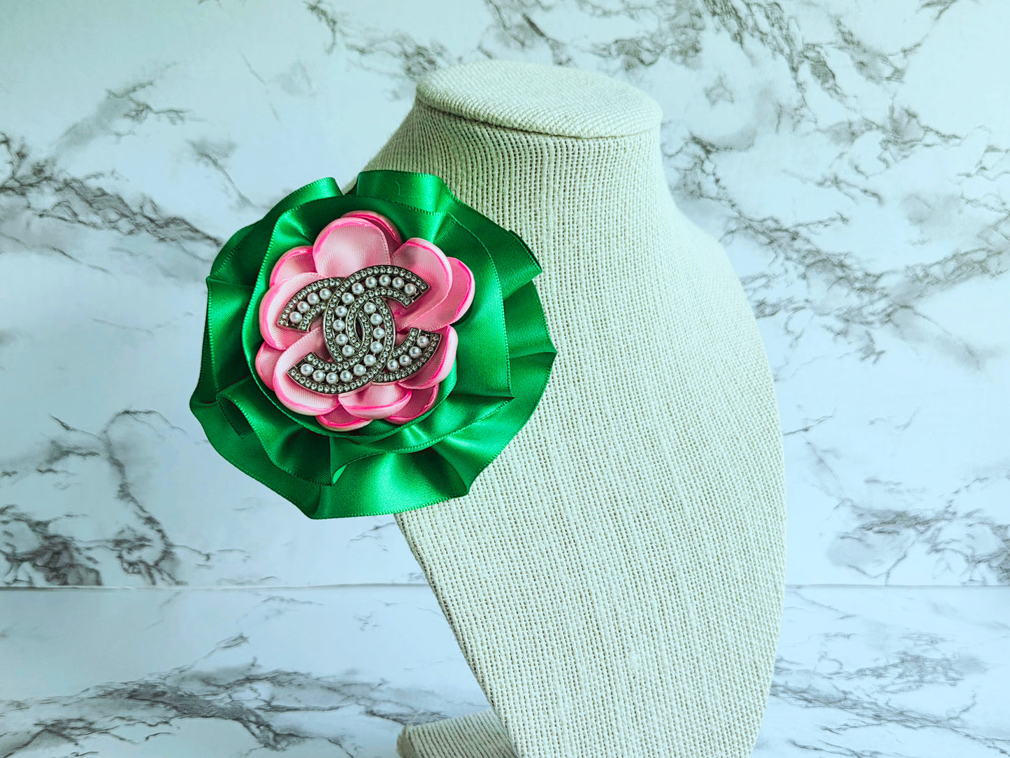 PINK AND GREEN SATIN CC FLOWER BROOCH