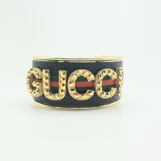 BLACK GUCCI INSPIRED GOLD LETTER CUFF BRACELET WITH RED & GREEN RIBBON