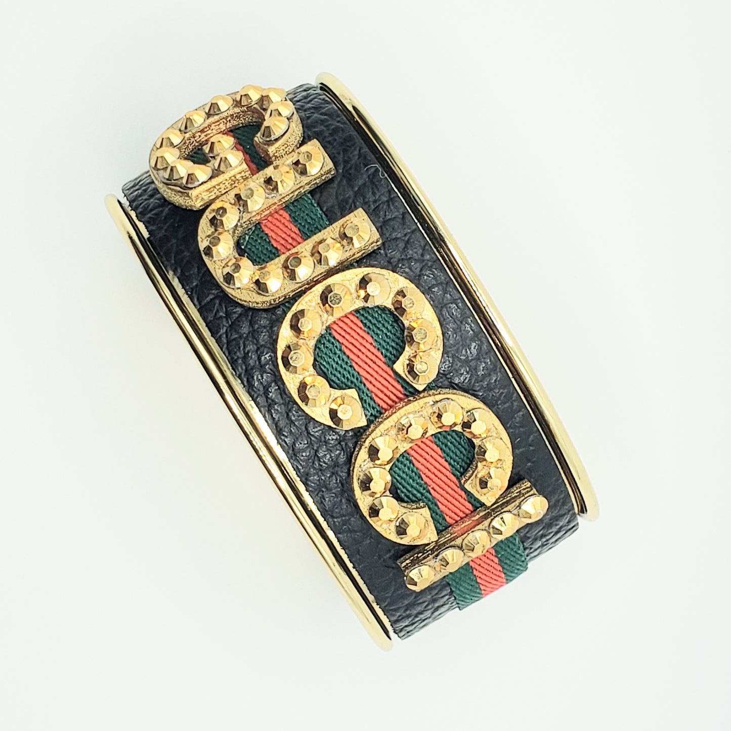 BLACK GUCCI INSPIRED GOLD LETTER CUFF BRACELET WITH RED & GREEN RIBBON