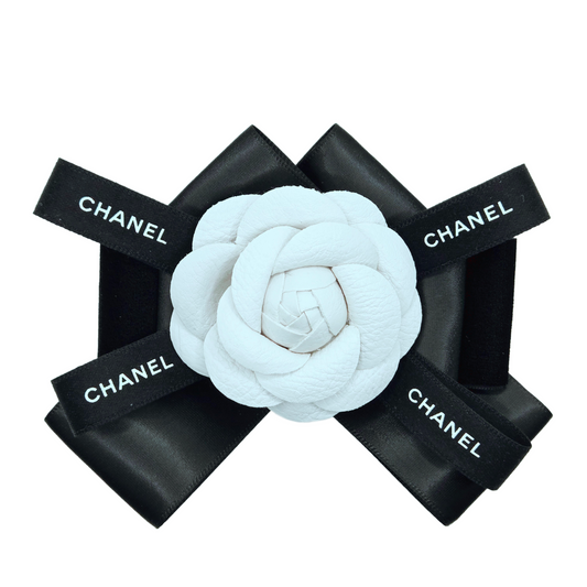 VELVET AND SATIN WHITE CAMELLIA FLOWER BOW BROOCH