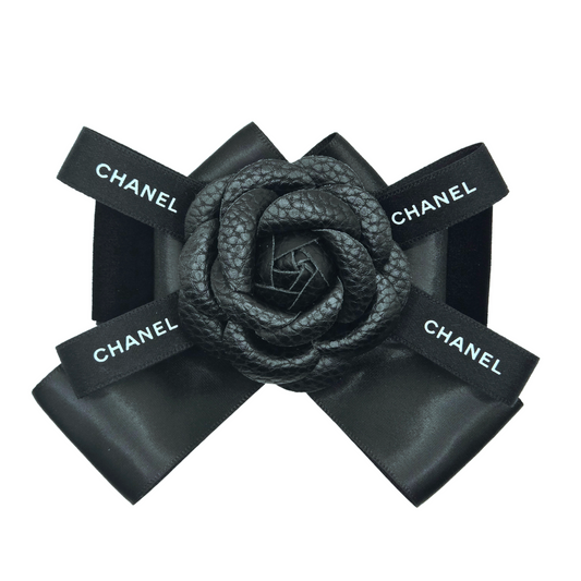 VELVET AND SATIN BLACK CAMELLIA FLOWER BOW BROOCH