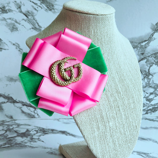 PINK AND GREEN VELVET AND SATIN RIBBON FLOWER BROOCH - GG