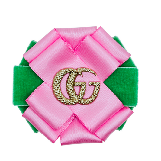 PINK AND GREEN VELVET AND SATIN RIBBON FLOWER BROOCH - GG