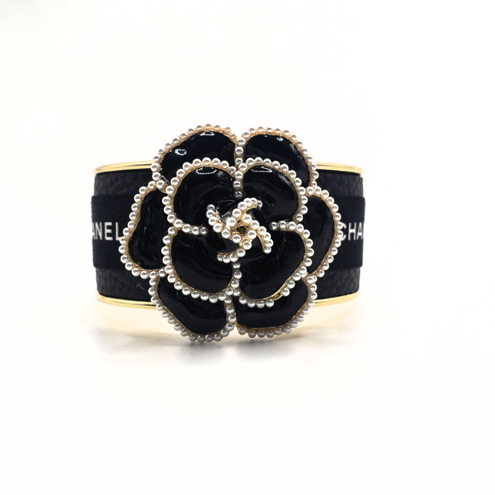 CHANEL BLACK CAMELLIA FLOWER RIBBON CUFF BRACELET