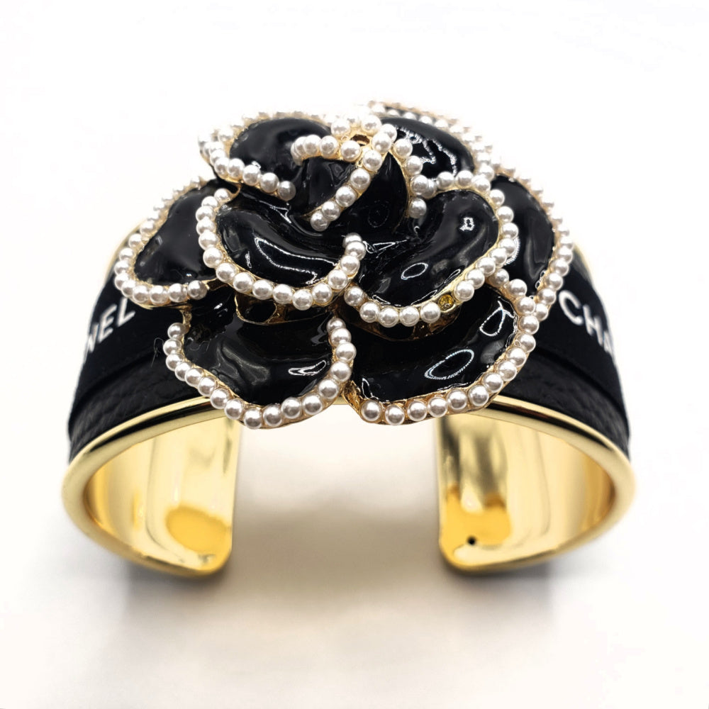 CHANEL BLACK CAMELLIA FLOWER RIBBON CUFF BRACELET