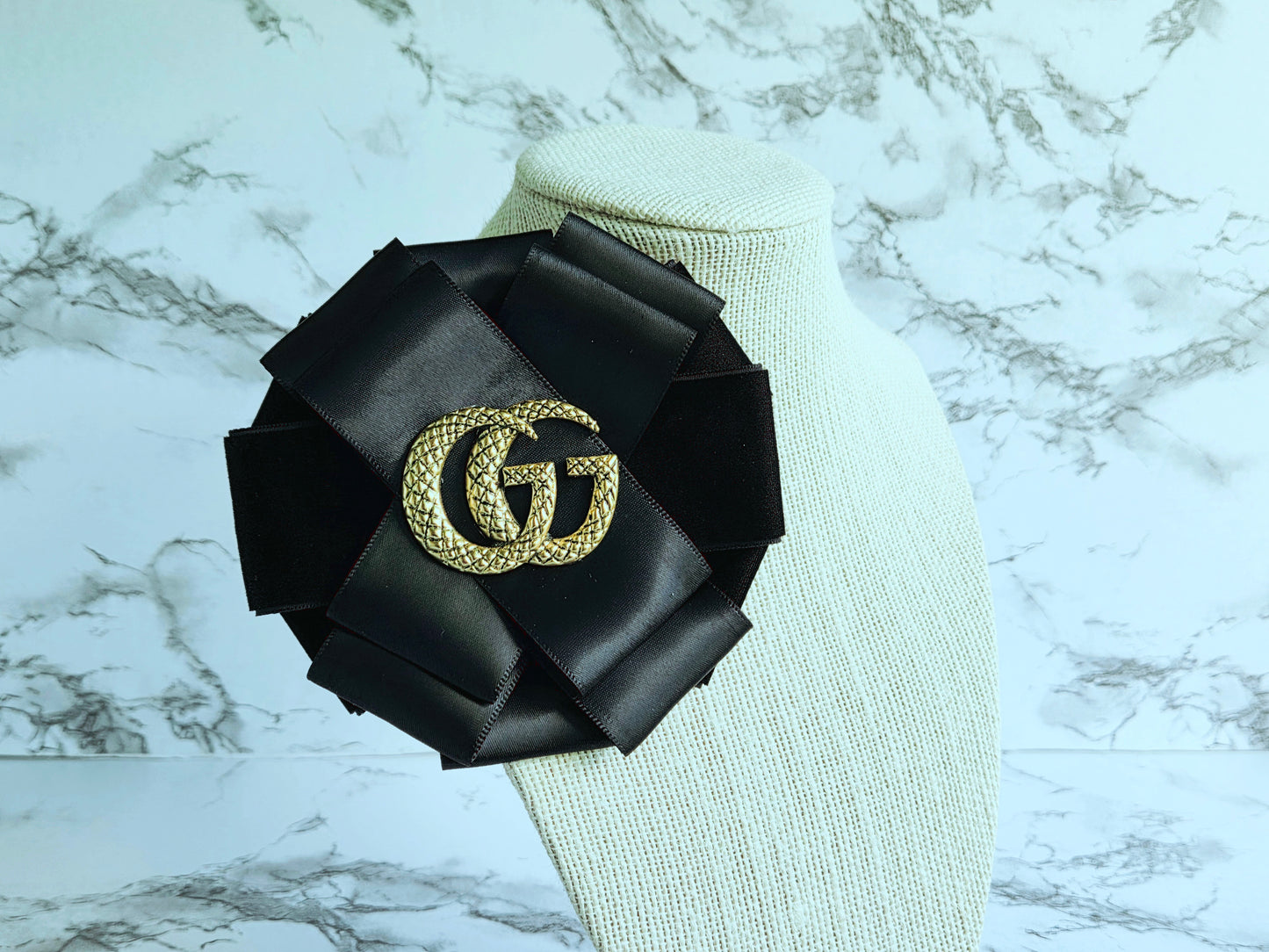 BLACK VELVET AND SATIN RIBBON FLOWER BROOCH - GG