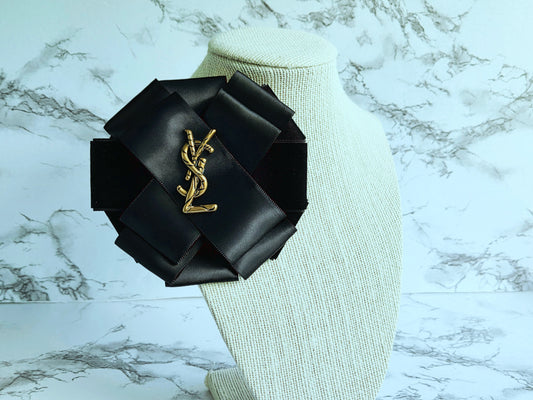 BLACK VELVET AND SATIN RIBBON FLOWER BROOCH - YSL