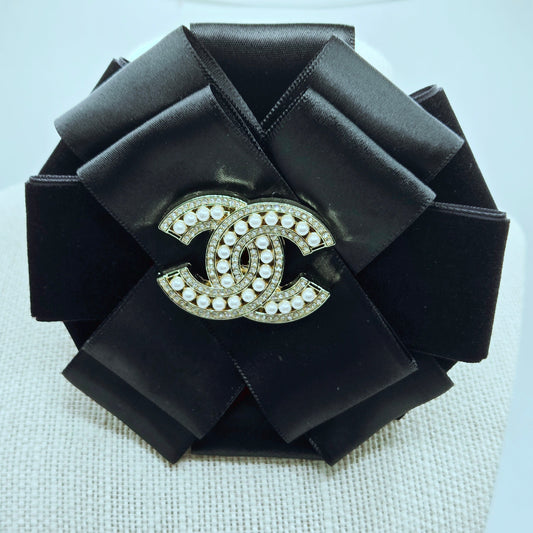 BLACK VELVET AND SATIN RIBBON FLOWER BROOCH - CC