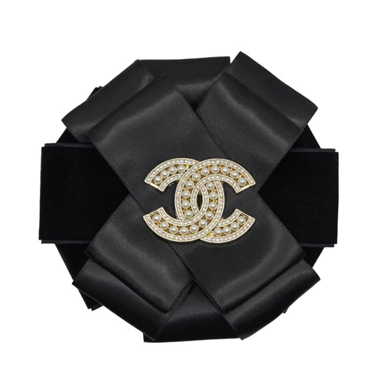 BLACK VELVET AND SATIN RIBBON FLOWER BROOCH - CC