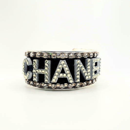 CHANEL INSPIRED MATTE GRAY RHINESTONE LETTER CUFF BRACELET