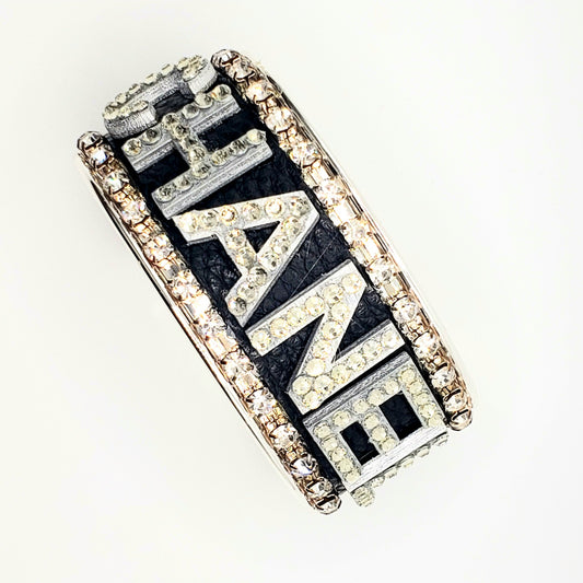 CHANEL INSPIRED MATTE GRAY RHINESTONE LETTER CUFF BRACELET