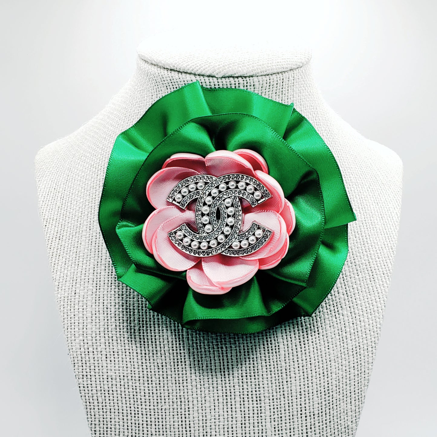 PINK AND GREEN SATIN CC FLOWER BROOCH