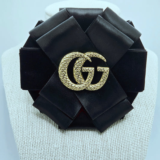 BLACK VELVET AND SATIN RIBBON FLOWER BROOCH - GG
