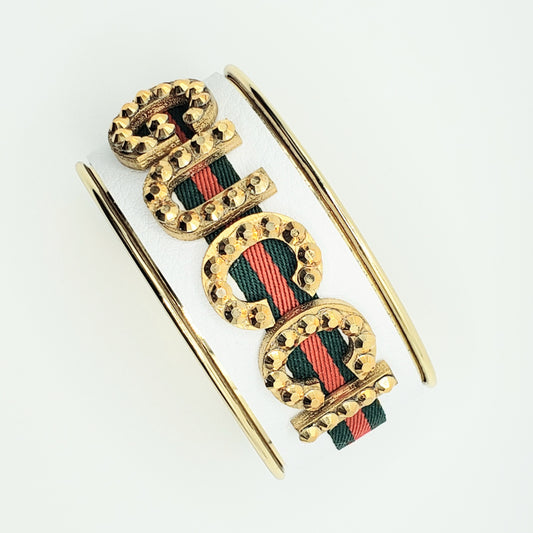 WHITE GUCCI INSPIRED RHINESTONE LETTER CUFF BRACELET WITH RED AND GREEN RIBBON