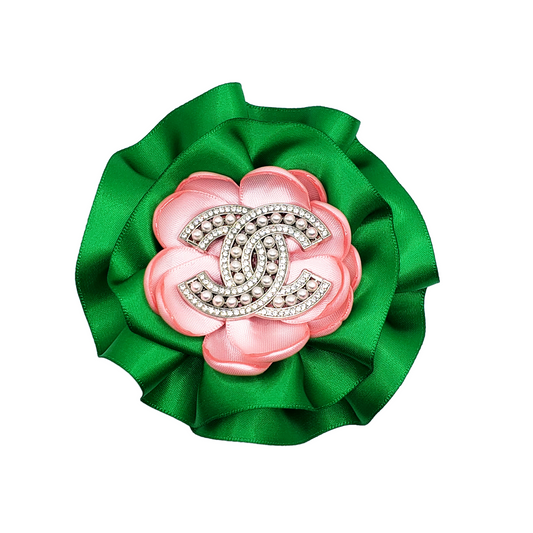 PINK AND GREEN SATIN CC FLOWER BROOCH