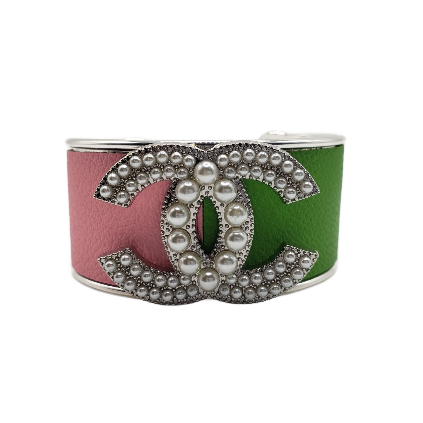 PINK AND GREEN CC CUFF BRACELET - SILVER