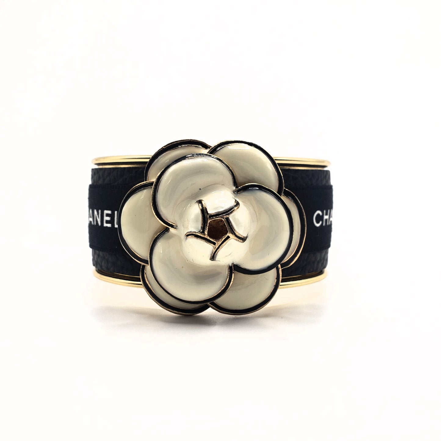 CHANEL WHITE CAMELLIA FLOWER RIBBON CUFF BRACELET