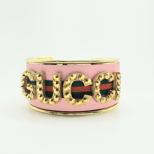 PINK GUCCI INSPIRED GOLD LETTER CUFF BRACELET WITH RED & GREEN RIBBON