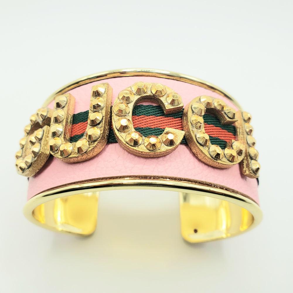 PINK GUCCI INSPIRED GOLD LETTER CUFF BRACELET WITH RED & GREEN RIBBON