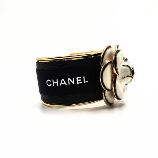 CHANEL WHITE CAMELLIA FLOWER RIBBON CUFF BRACELET