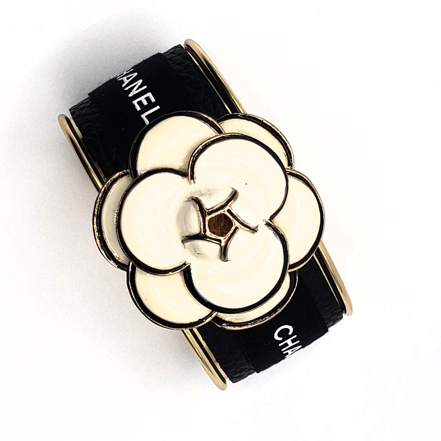 CHANEL WHITE CAMELLIA FLOWER RIBBON CUFF BRACELET