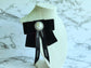 TWO RIBBON VELVET PEARL BOW BROOCH
