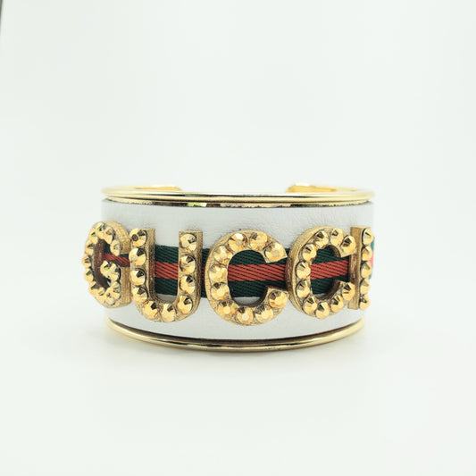 WHITE GUCCI INSPIRED RHINESTONE LETTER CUFF BRACELET WITH RED AND GREEN RIBBON