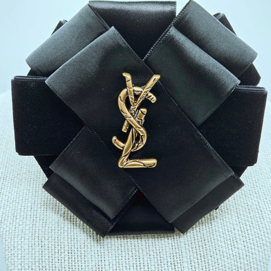 BLACK VELVET AND SATIN RIBBON FLOWER BROOCH - YSL