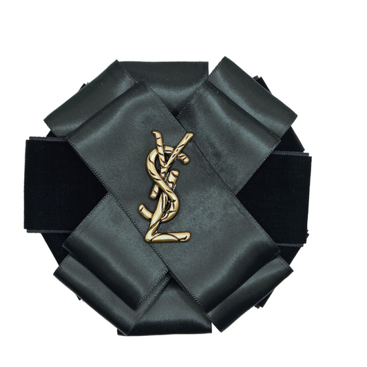 BLACK VELVET AND SATIN RIBBON FLOWER BROOCH - YSL
